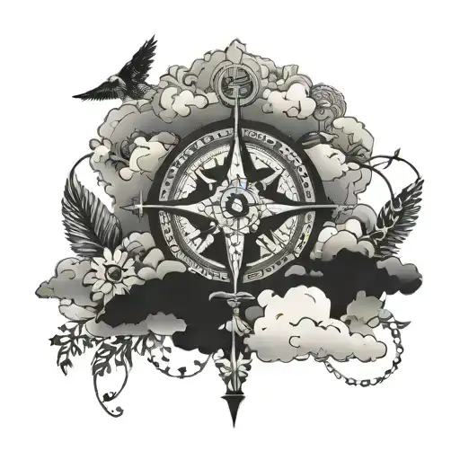 cross tattoo with compass and clouds birds shading tattoo design idea