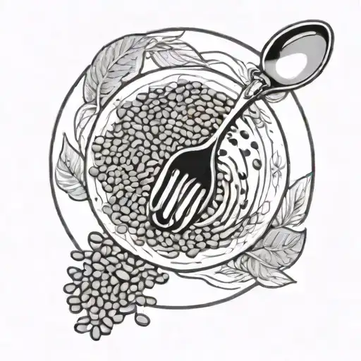 plate of lentils with a stone in the middle seen in profile with a spoon black and white tattoo design idea