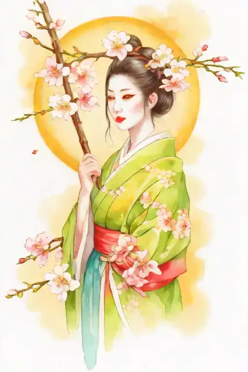Japanese priestess with jade eyes and a samurai standing in cherry blossoms  tattoo design idea