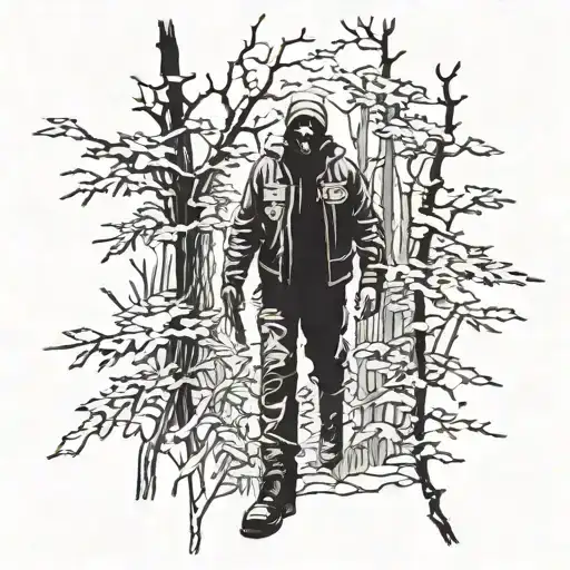 A detailed blackwork design of Michael Myers stalking through a dark forest tattoo design idea