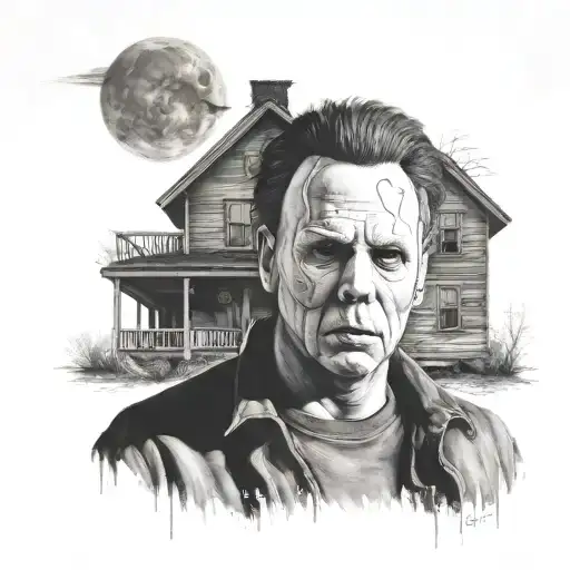 A portrait of Michael Myers with a haunted house in the background tattoo design idea