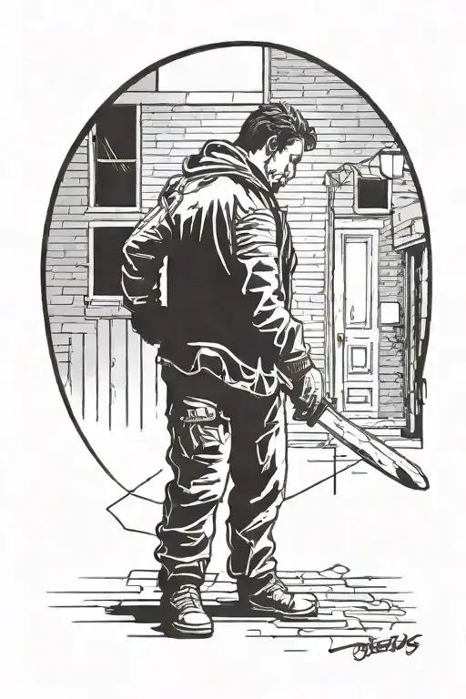 A silhouette of Michael Myers holding a knife in a dark alley tattoo design idea