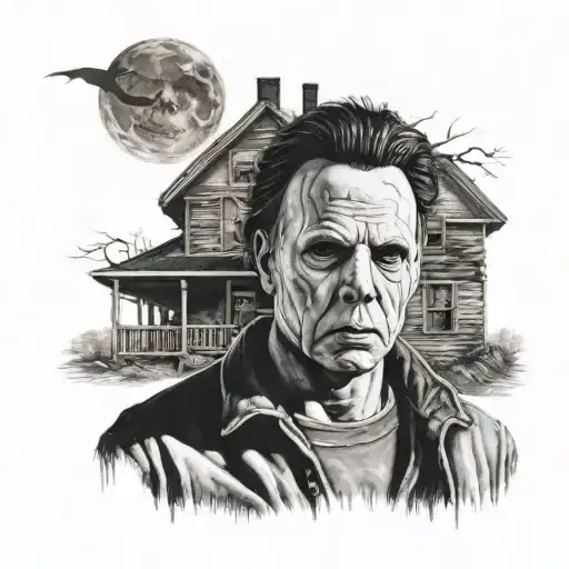 A portrait of Michael Myers with a haunted house in the background tattoo design idea