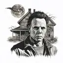 A portrait of Michael Myers with a haunted house in the background tattoo design idea