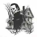 A portrait of Michael Myers with a haunted house in the background tattoo design idea