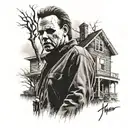 A portrait of Michael Myers with a haunted house in the background tattoo design idea