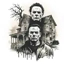 A portrait of Michael Myers with a haunted house in the background tattoo design idea