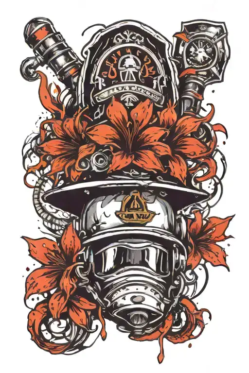 fire flower and on top of it a firefighter helmet with the letters JA tattoo design idea