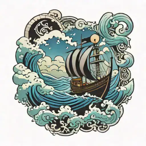 A tattoo design inspired by the One Piece anime, depicting a character sailing on a ship through a mystical ocean tattoo design idea