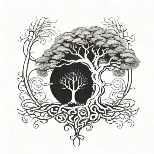 A tattoo design featuring a majestic tree with intricate roots intertwined with Christian symbols, symbolizing the connection between nature and faith tattoo design idea