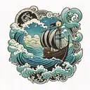 A tattoo design inspired by the One Piece anime, depicting a character sailing on a ship through a mystical ocean tattoo design idea