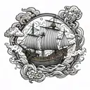 A tattoo design inspired by the One Piece anime, depicting a character sailing on a ship through a mystical ocean tattoo design idea