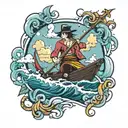 A tattoo design inspired by the One Piece anime, depicting a character sailing on a ship through a mystical ocean tattoo design idea