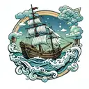 A tattoo design inspired by the One Piece anime, depicting a character sailing on a ship through a mystical ocean tattoo design idea