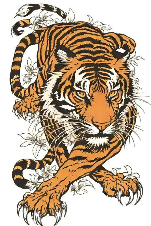 Strong full body tiger surrounded by rough looking spider lillies tattoo design idea