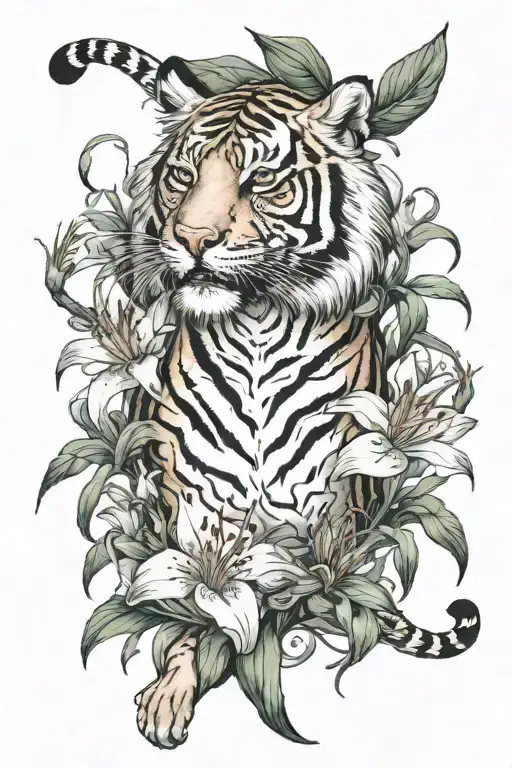 Strong full body tiger surrounded by rough looking spider lillies tattoo design idea