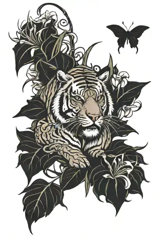 Strong full body tiger surrounded by rough looking spider lillies tattoo design idea