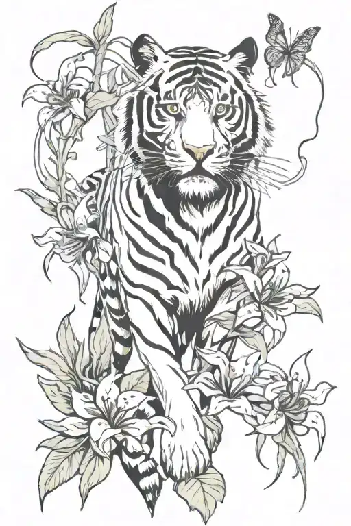 Strong full body tiger surrounded by rough looking spider lillies tattoo design idea