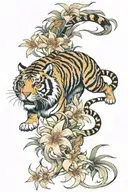 Full body tiger surrounded by spider lillies growing tattoo design idea