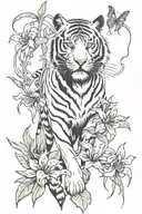 Strong full body tiger surrounded by rough looking spider lillies tattoo design idea