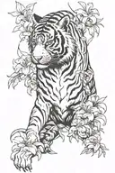 Strong full body tiger surrounded by rough looking spider lillies tattoo design idea