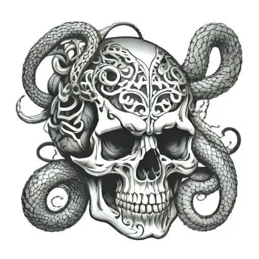 skull an snakes tattoo design idea