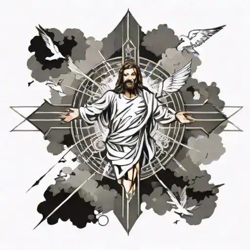 Epic jesus on cross, a lot of details, in the sky, flying birds, freedom, contrast tattoo design idea