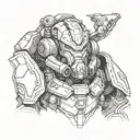 Overwatch Orisa with Fallout power armour helmet tattoo design idea