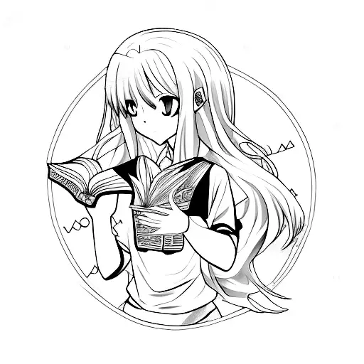 An anime character reading a book with a wolf tattoo on their arm, surrounded by floating guns and knives tattoo design idea
