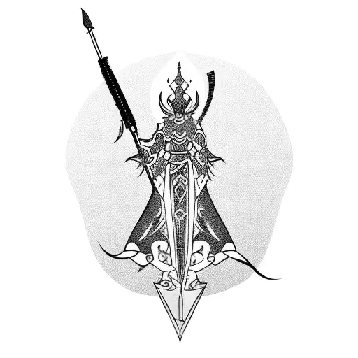 A minimalist blackwork silhouette of Hisona with her signature weapon tattoo design idea
