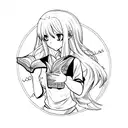 An anime character reading a book with a wolf tattoo on their arm, surrounded by floating guns and knives tattoo design idea