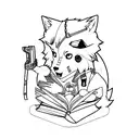 An anime character reading a book with a wolf tattoo on their arm, surrounded by floating guns and knives tattoo design idea