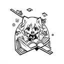 An anime character reading a book with a wolf tattoo on their arm, surrounded by floating guns and knives tattoo design idea