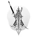 A minimalist blackwork silhouette of Hisona with her signature weapon tattoo design idea