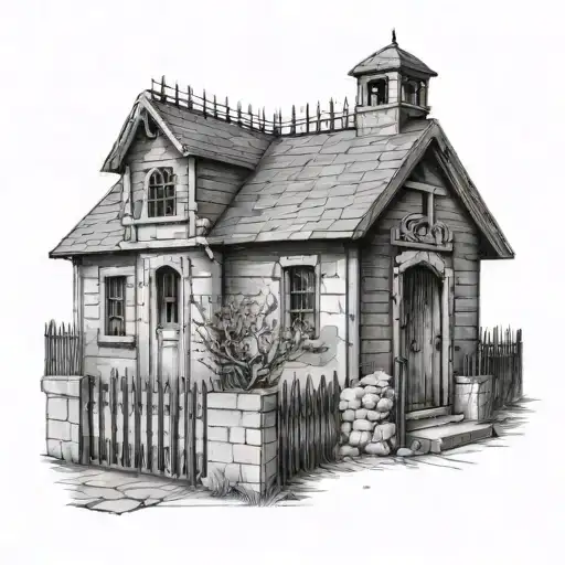 a prison with a hospital roof and a cemetery front yard tattoo design idea