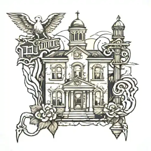 a tattoo of a hospital, a prison and a cemetery tattoo design idea