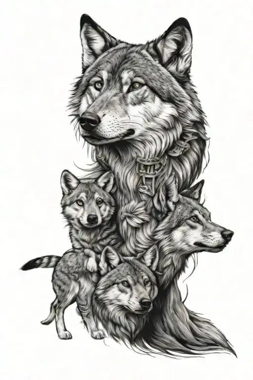 she-wolf and her cubs, which represents the mother's love and protection tattoo design idea