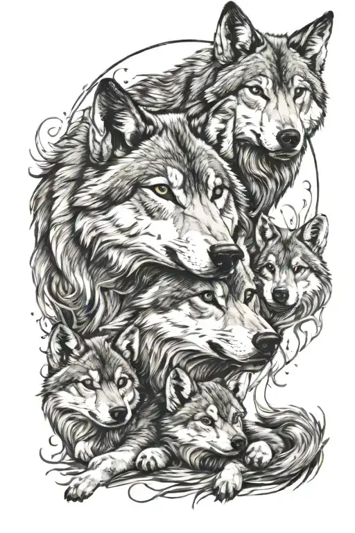 she-wolf and her two little wolf cubs tattoo design idea