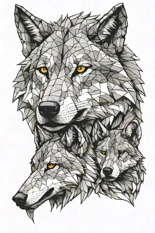wolf and his two female wolf cubs origami style tattoo design idea