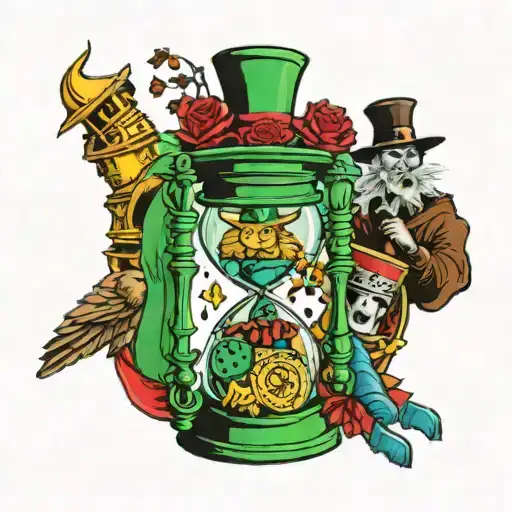 wizard of oz hourglass, tornado, dorothy, scarecrow, tin man, cowardly lion, emerald city tattoo design idea