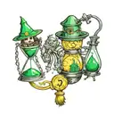 wizard of oz hourglass, tornado, dorothy, scarecrow, tin man, cowardly lion, emerald city tattoo design idea
