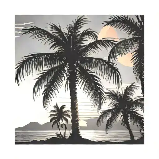 Palm oil tree and a sunset background black and white tattoo design idea