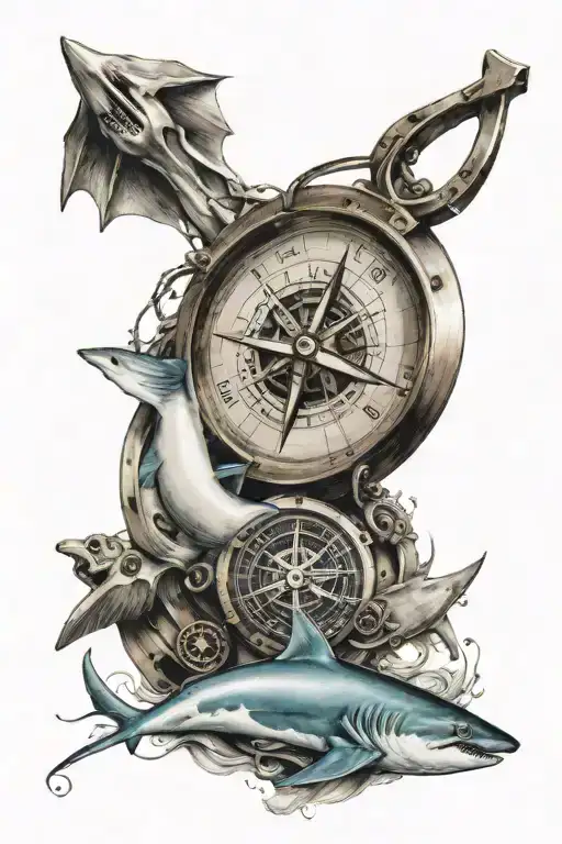 An arrow going through a compass then a boat anchor, a shark, the sign of Sagittarius, a musical note tattoo design idea