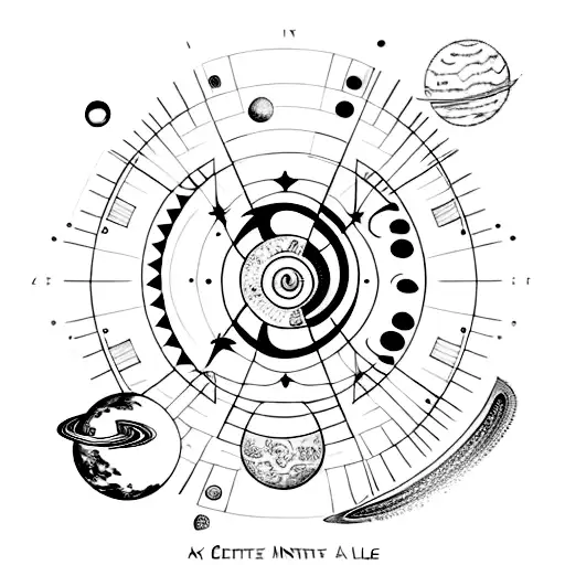 a line in the center that has the phases of the moon and the solar system tattoo design idea