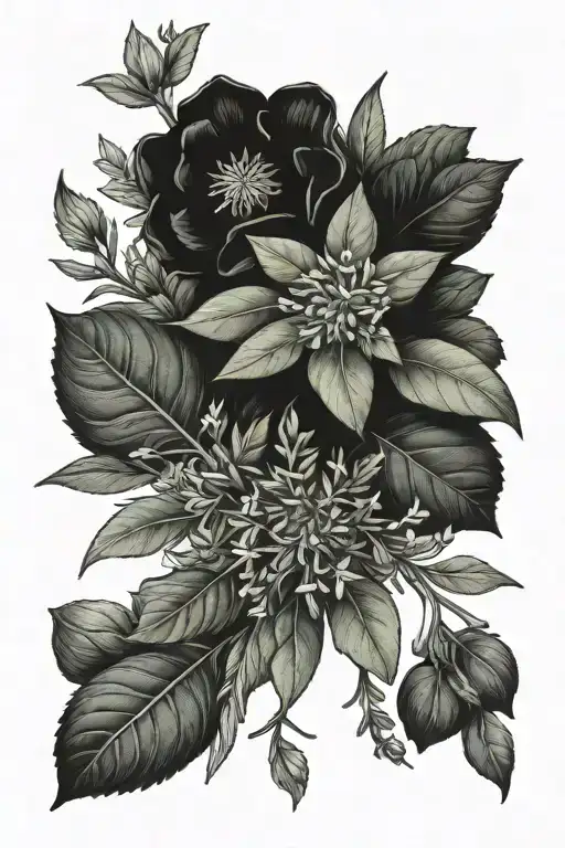 bouquet garni with sage, thyme, rosemary, marigold, bay leaf tattoo design idea