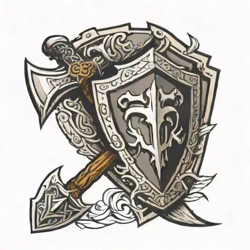 shield with a armoured arm holding a battle axe in front  tattoo design idea