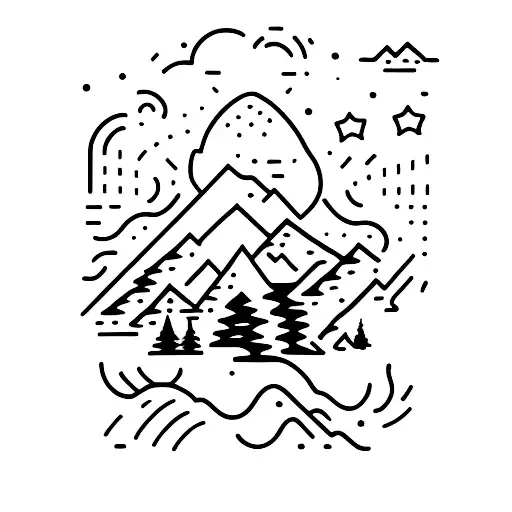 A minimalist tattoo of a silhouette of a hiker against a mountain sunset tattoo design idea