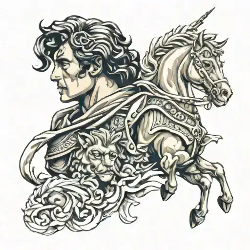top half arm sleeve tattoo including alexander the great, naploen, ghengus kahn, marcus arlias and attilia the hun. tattoo design idea