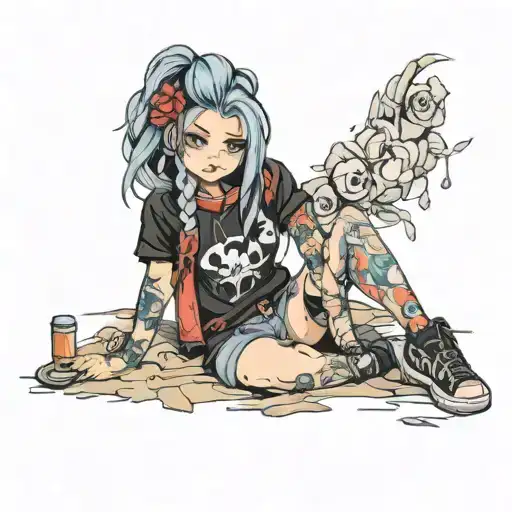 cute girl in ripped clothes tattoo design idea