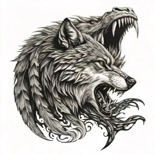 Fighting wolf accompanied by reborn phoenix tattoo tattoo design idea